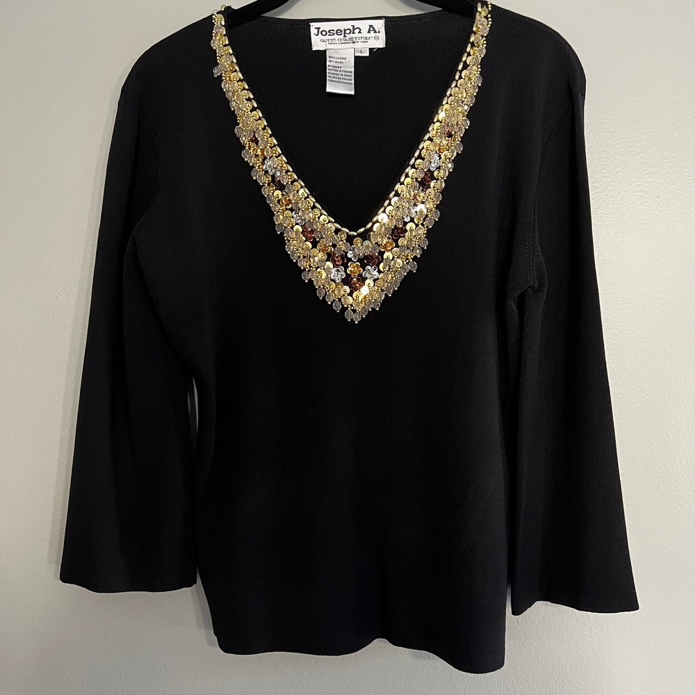 Joseph A Black Ribbed Embellished V-Neck Sweater Beaded 3/4‎ Sleeve L glam chic